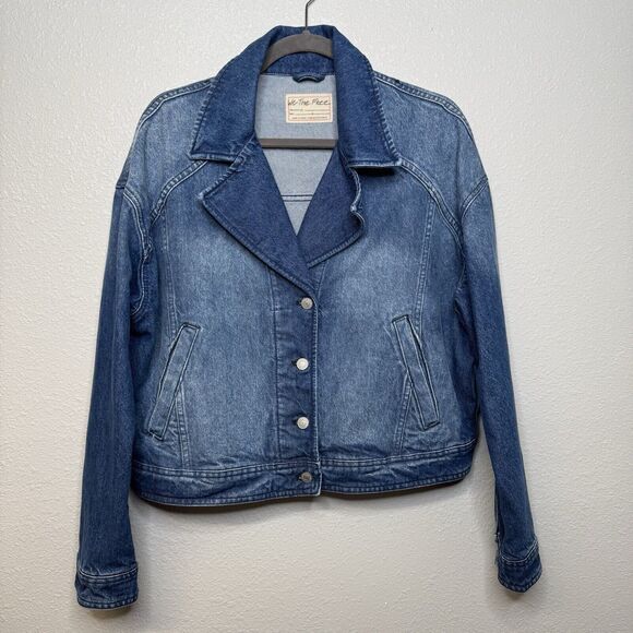Free People Oversized Denim Jacket Sz Large Gemini Wash Crop Trucker - Picture 1 of 4